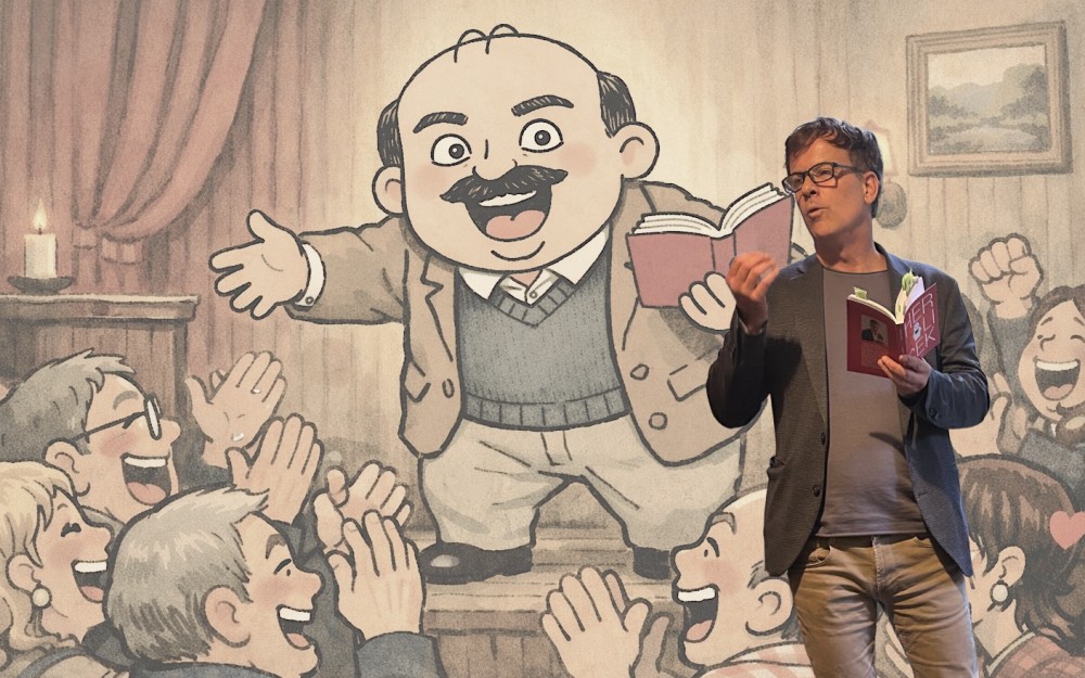 Autor Bernd Watzka, im Hintergrund seine Kunstfigur Herlicek 