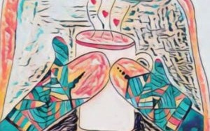 Zeichnung: Handschuhe und eine Tasse Tee
